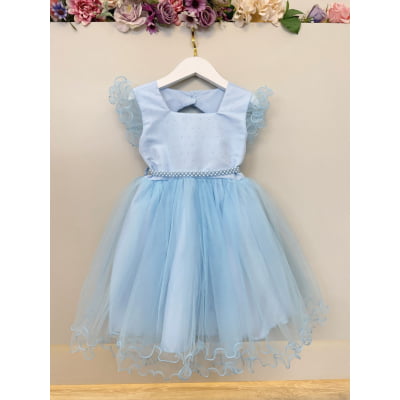 Vestido Infantil Azul Strass e Cinto de Pérolas