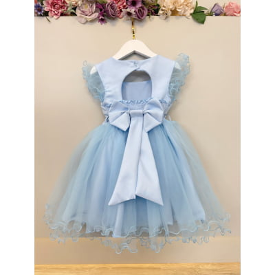 Vestido Infantil Azul Strass e Cinto de Pérolas