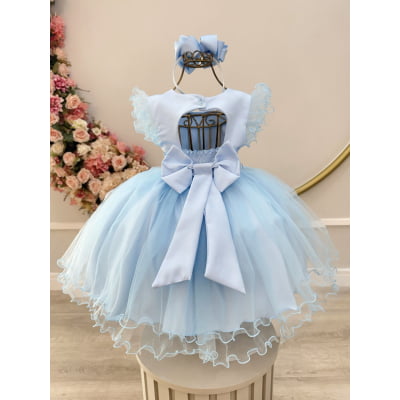 Vestido Infantil Azul Strass e Cinto de Pérolas
