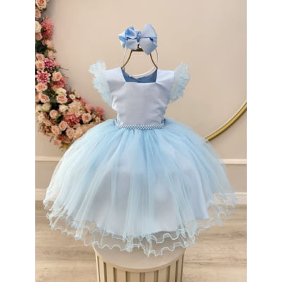Vestido Infantil Azul Strass e Cinto de Pérolas
