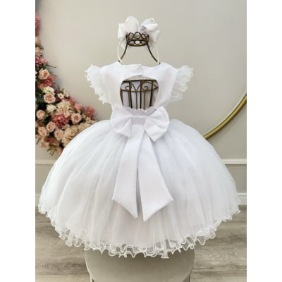 Vestido Infantil Branco Strass e Cinto de Pérolas