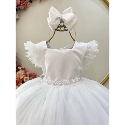 Vestido Infantil Branco Strass e Cinto de Pérolas