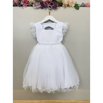 Vestido Infantil Branco Strass e Cinto de Pérolas