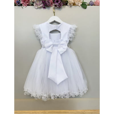 Vestido Infantil Branco Strass e Cinto de Pérolas
