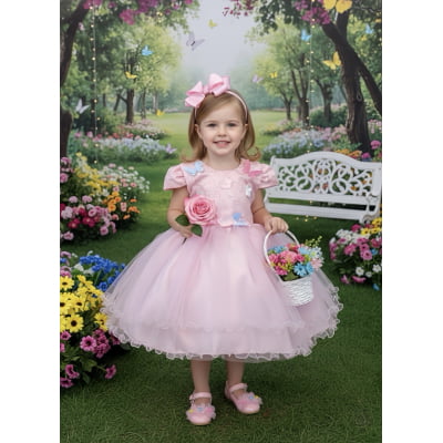 Vestido Infantil Rosa Claro Jardim Encantado Renda Daminhas