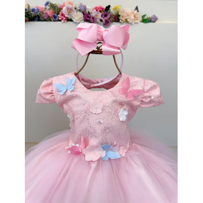 Vestido Infantil Rosa Claro Jardim Encantado Renda Daminhas