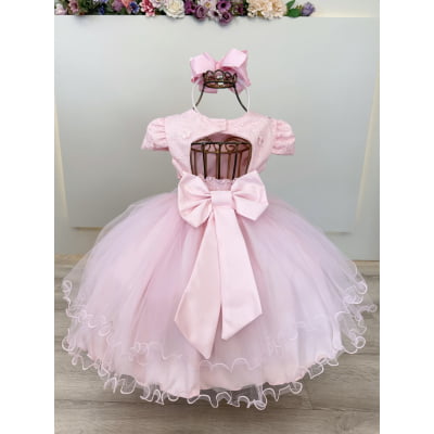 Vestido Infantil Rosa Claro Jardim Encantado Renda Daminhas