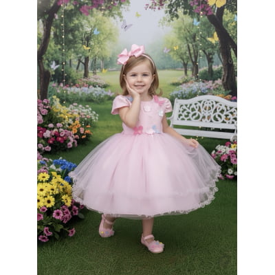 Vestido Infantil Rosa Claro Jardim Encantado Renda Daminhas