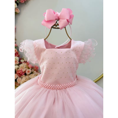 Vestido Infantil Rosa Strass e Cinto de Pérolas