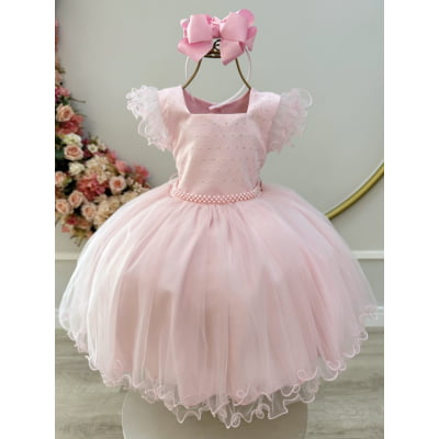 Vestido Infantil Rosa Strass e Cinto de Pérolas Vestido Infantil Rosa Strass e Cinto de Pérolas