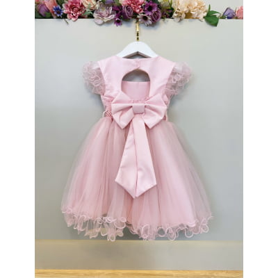 Vestido Infantil Rosa Strass e Cinto de Pérolas