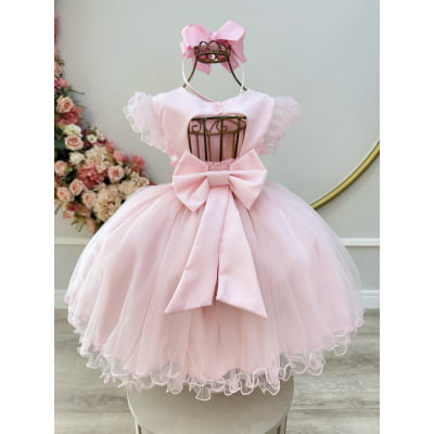 Vestido Infantil Rosa Strass e Cinto de Pérolas
