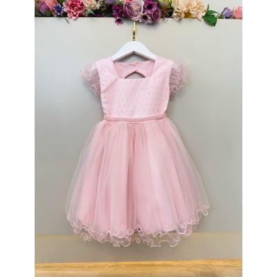Vestido Infantil Rosa Strass e Cinto de Pérolas