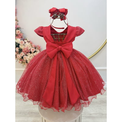 Vestido Infantil Vermelho Busto c/ Nervuras Daminha Festas Luxo