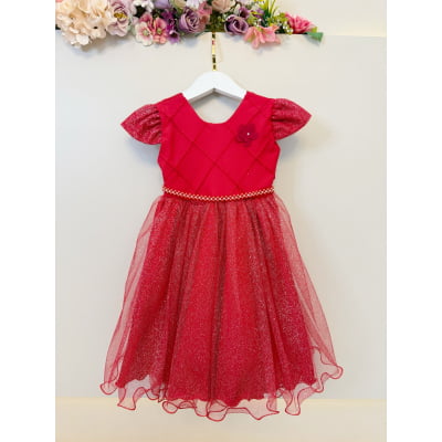 Vestido Infantil Vermelho Busto c/ Nervuras Daminha Festas Luxo