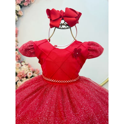 Vestido Infantil Vermelho Busto c/ Nervuras Daminha Festas Luxo