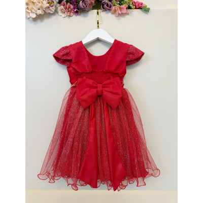 Vestido Infantil Vermelho Busto c/ Nervuras Daminha Festas Luxo