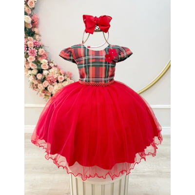 Vestido Infantil Vermelho Natal Cinto Pérolas Vestido Infantil Vermelho Natal Cinto Pérolas