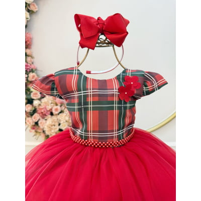 Vestido Infantil Vermelho Natal Cinto Pérolas