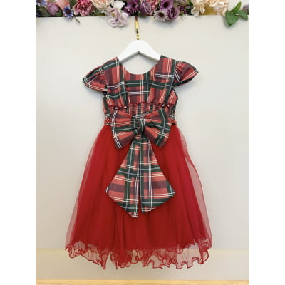 Vestido Infantil Vermelho Natal Cinto Pérolas