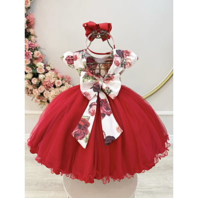 Vestido Infantil Vermelho Natal Flores Cinto Pérolas