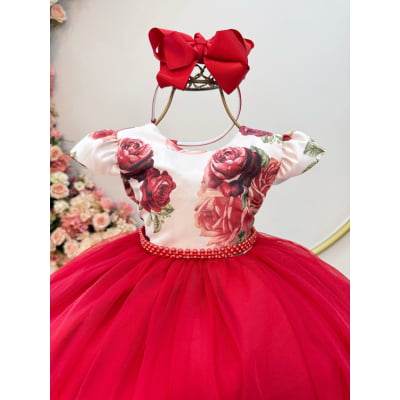 Vestido Infantil Vermelho Natal Flores Cinto Pérolas