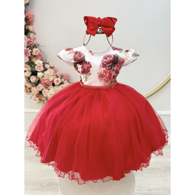 Vestido Infantil Vermelho Natal Flores Cinto Pérolas Vestido Infantil Vermelho Natal Flores Cinto Pérolas