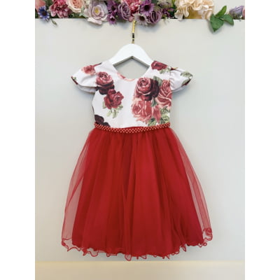 Vestido Infantil Vermelho Natal Flores Cinto Pérolas