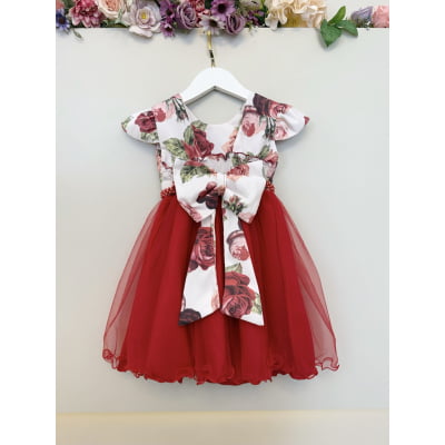 Vestido Infantil Vermelho Natal Flores Cinto Pérolas