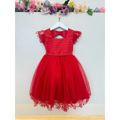 Vestido Infantil Vermelho Strass e Cinto de Pérolas