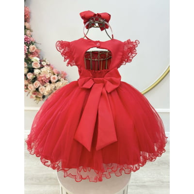 Vestido Infantil Vermelho Strass e Cinto de Pérolas