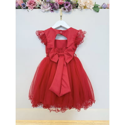Vestido Infantil Vermelho Strass e Cinto de Pérolas