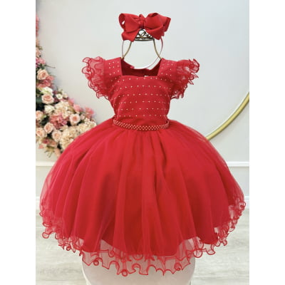 Vestido Infantil Vermelho Strass e Cinto de Pérolas
