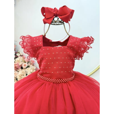 Vestido Infantil Vermelho Strass e Cinto de Pérolas