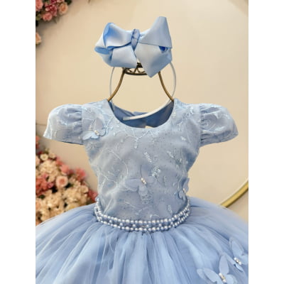 Vestido Infantil Azul Busto C/ Renda e Borboletas Daminhas