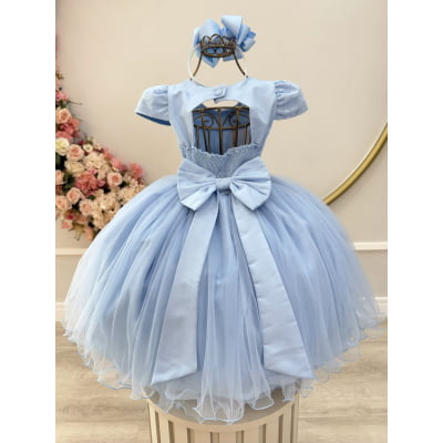 Vestido Infantil Azul Busto C/ Renda e Borboletas Daminhas