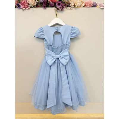 Vestido Infantil Azul Busto C/ Renda e Borboletas Daminhas