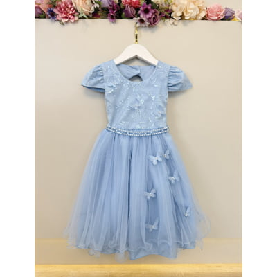 Vestido Infantil Azul Busto C/ Renda e Borboletas Daminhas