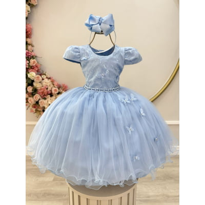 Vestido Infantil Azul Busto C/ Renda e Borboletas Daminhas