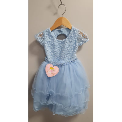 Vestido Infantil Azul Busto C/ Renda e Pérolas Daminhas Festas
