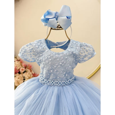 Vestido Infantil Azul Busto C/ Renda e Pérolas Daminhas Festas