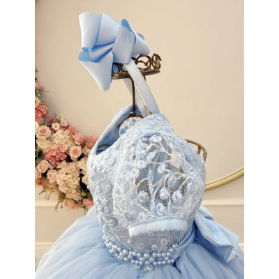 Vestido Infantil Azul Busto C/ Renda e Pérolas Daminhas Festas