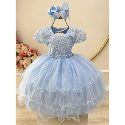 Vestido Infantil Azul Busto C/ Renda e Pérolas Daminhas Festas