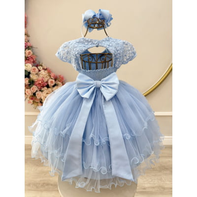 Vestido Infantil Azul Busto C/ Renda e Pérolas Daminhas Festas