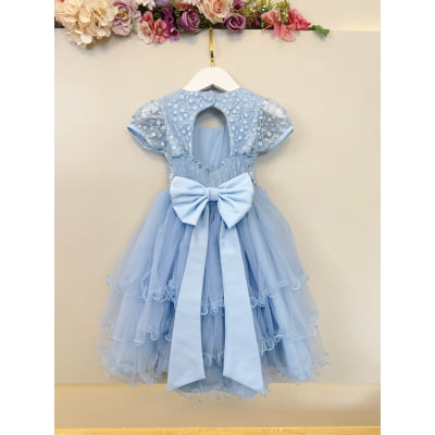 Vestido Infantil Azul Busto C/ Renda e Pérolas Daminhas Festas