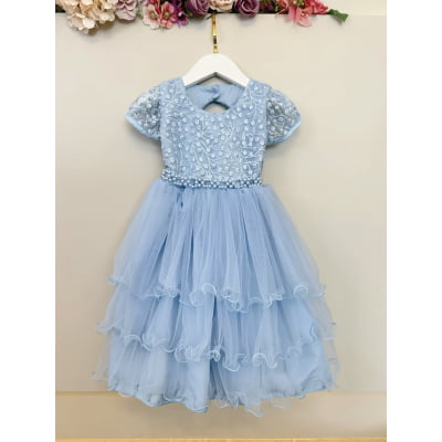 Vestido Infantil Azul Busto C/ Renda e Pérolas Daminhas Festas