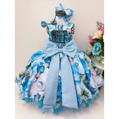 Vestido Infantil Azul Florido Pérolas e Strass Luxo