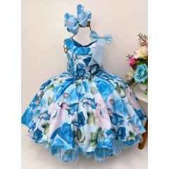 Vestido Infantil Azul Florido Pérolas e Strass Luxo