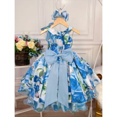 Vestido Infantil Azul Florido Pérolas e Strass Luxo