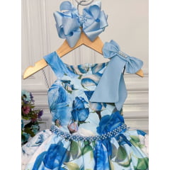 Vestido Infantil Azul Florido Pérolas e Strass Luxo
